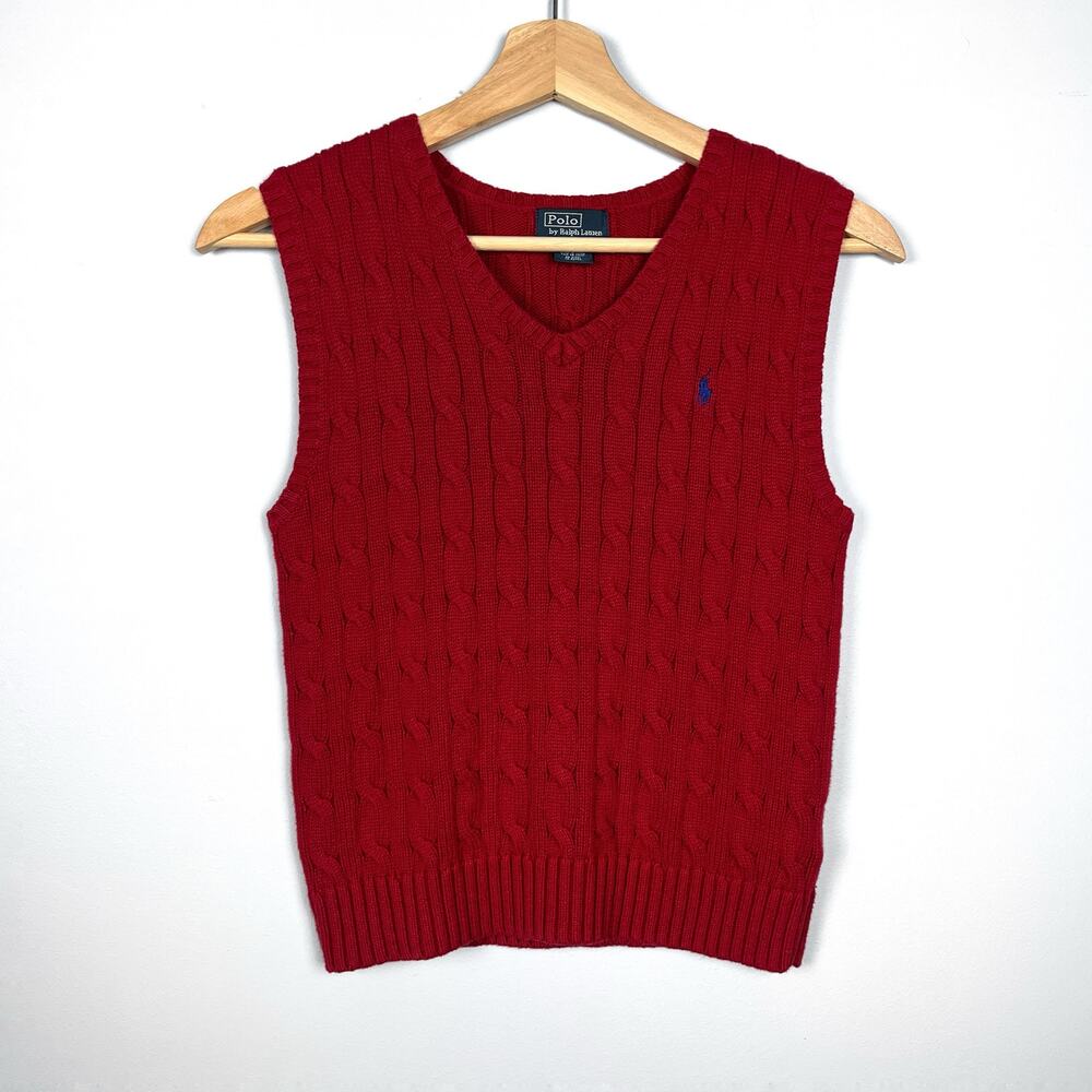 Polo Ralph Lauren Red Cable Knit Cotton Pony Sweater V Neck Vest Youth Kids 7